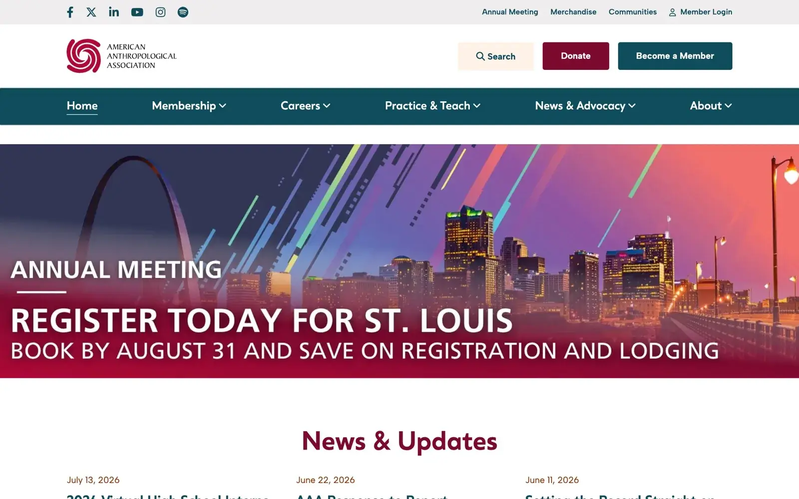 American Anthropological Association homepage with an annual meeting banner over a St. Louis skyline