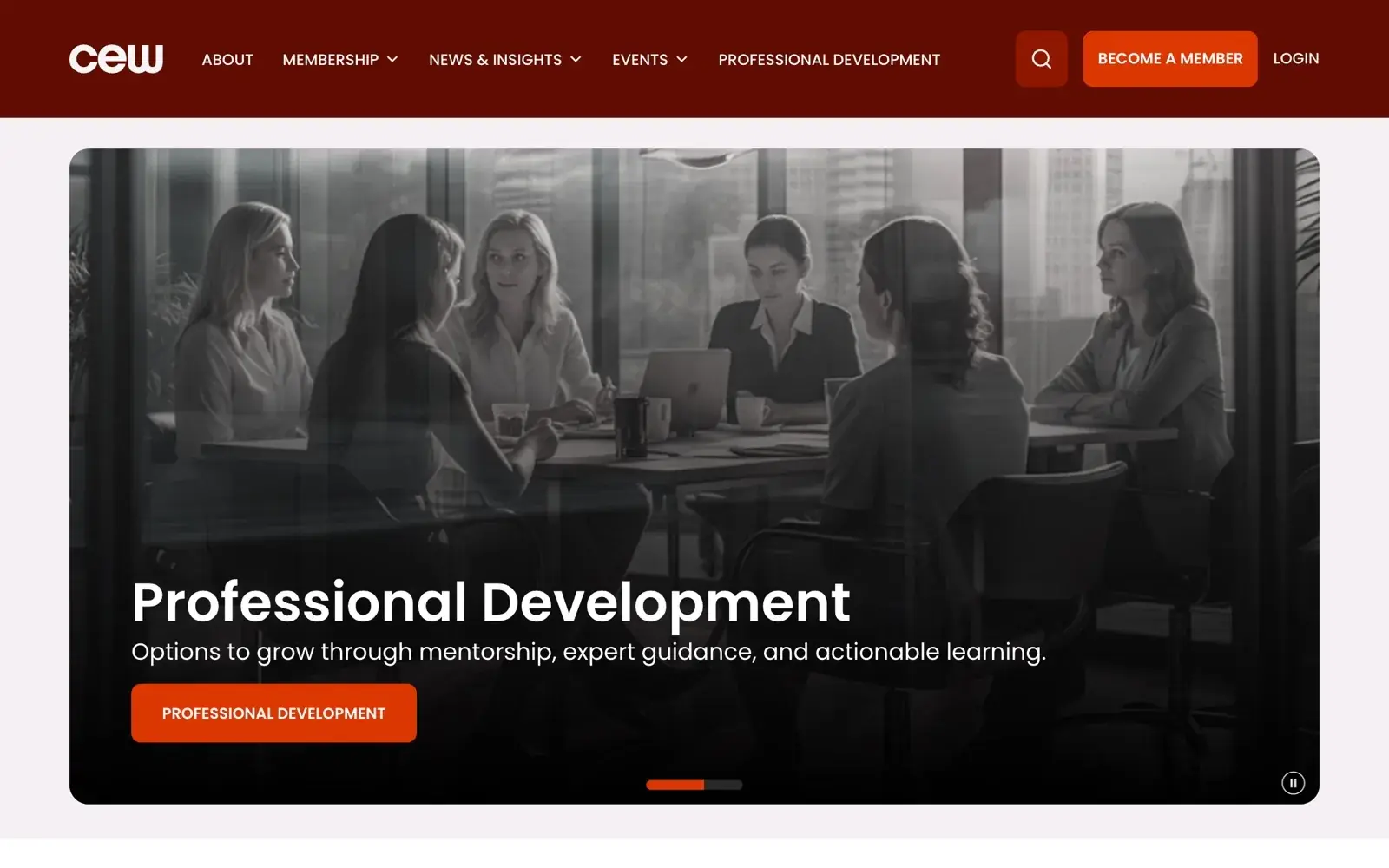 CEW homepage with a deep red navigation over a Professional Development hero