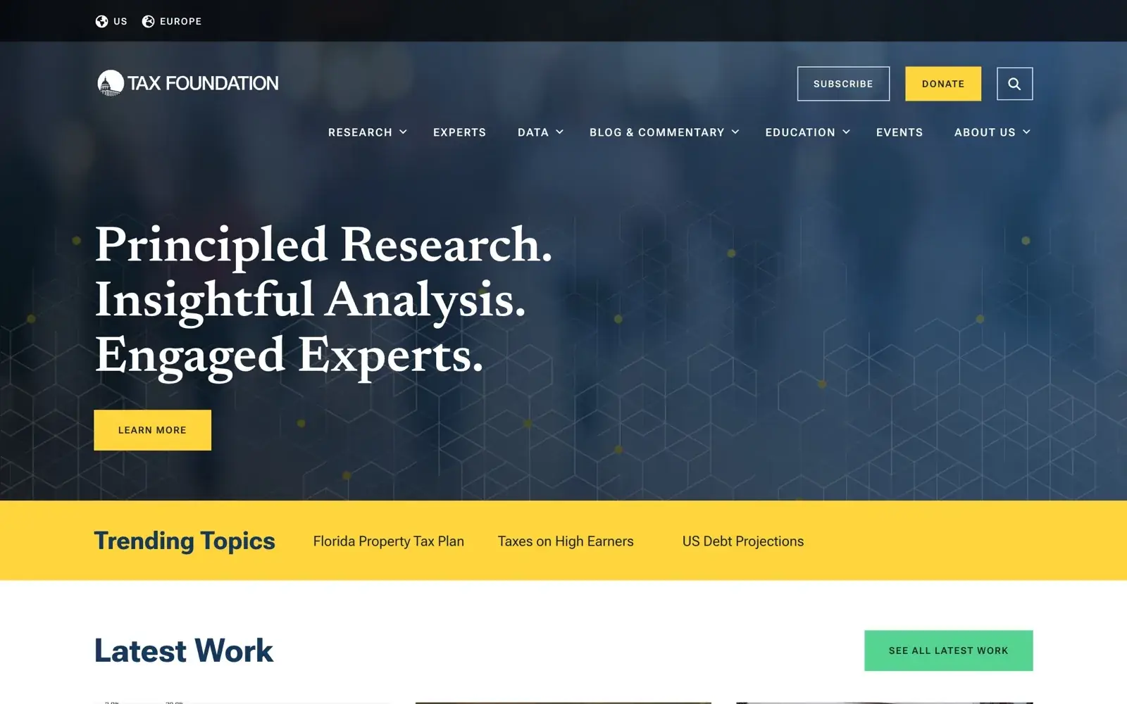 Tax Foundation homepage with a dark blue hero reading Principled Research. Insightful Analysis. Engaged Experts.